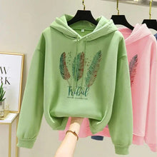 Load image into Gallery viewer, Women’s Feather Print Hoodie – Plus Velvet Loose Sweatshirt for Autumn &amp; Winter Casual Wear
