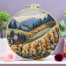 Load image into Gallery viewer, Beginners Hand Embroidery Kit - Mountain &amp; Moon Landscape with Fabric &amp; Threads
