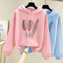 Load image into Gallery viewer, Women’s Feather Print Hoodie – Plus Velvet Loose Sweatshirt for Autumn &amp; Winter Casual Wear
