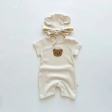 Load image into Gallery viewer, New In Summer Kids Baby Girls Boys Short Sleeve Waffle Patch Bear Infant Newborn Jumpsuits Cotton Romper Gift Hat with Ear
