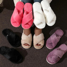 将图片加载到图库查看器，Cross Warm Fluffy Furry Slippers Women Lightweight Flat Heels Fur Slides Woman Autumn Winter Open Toe Non Slip Home Floor Shoes
