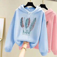 Load image into Gallery viewer, Women’s Feather Print Hoodie – Plus Velvet Loose Sweatshirt for Autumn &amp; Winter Casual Wear
