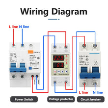 Load image into Gallery viewer, Din Rail Adjustable Over Voltage Current and Under Voltage Protector 40A 63A 220V 230V Surge Protector Relay Current Protection
