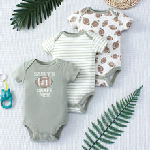 Load image into Gallery viewer, 3PCS Baby Bodysuit Set for Boys | Summer Short Sleeve Cotton Romper with Cartoon Dinosaur &amp; Stripe Designs
