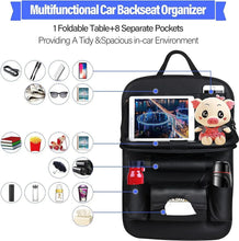 Load image into Gallery viewer, Car Seat Back Organizer with Foldable Table Tray – PU Leather Storage
