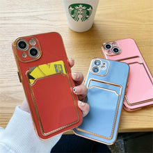 Load image into Gallery viewer, Luxury Plating Silicone Card Slot Holder Case For iPhone 14 12 13 Pro Max Elegant Women Soft Wallet Shockproof Cover Soft Bumper Beautiful Shiny Color Smartphone Case For Women
