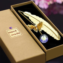Load image into Gallery viewer, 1pc Chinese Style Metal Feather Bookmark Creative Immortal Dried Flower Butterfly Leaf Student Bookmark Teacher's Day Gift

