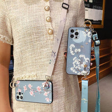 Load image into Gallery viewer, Ultra Luxury Case Cute Flower Design with Ring Kickstand Soft Crossbody Phone Cover for iPhone 13 14 Pro Max Case Fashion Crossbody Shoulder Strap Flower Leaf Phone Holder Cover for iPhone 12 11 X XR XS 7 8 Plus
