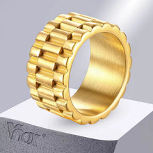 将图片加载到图库查看器，Vnox 11mm Watch Band Shaped Ring for Men, Gold Color Stainless Steel Punk Finger Band, Rock Gothic Hiphop Boy Jewelry
