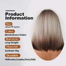 将图片加载到图库查看器，Short Straight Synthetic Wigs for Women Blonde to Brown Ombre Bob Wigs with Bangs Daily Cosplay Party Heat Resistant Fake Hair
