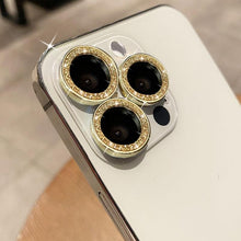 Load image into Gallery viewer, Camera Lense Protection Glass Large Glitter Stone Camera Protector For iPhone 13 Mini 14 Pro Max luxury Glitter Diamand Camera Lens Protectors Camera Metal Ring Glass For iPhone 11 Protective Cap
