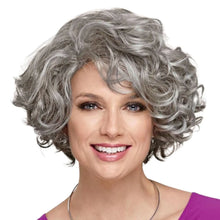 Load image into Gallery viewer, Short Curly Wigs for Women Synthetic Hair Grey Wig with Side Bangs Ombre Color Gray Wigs for Lady Dress Up Costume Party Cosplay

