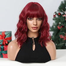 将图片加载到图库查看器，Short Wavy Wine Red Synthetic Wigs for Women Curly Lolita Wigs With Bangs Shoulder Length Wigs Natural Looking Daily Cosplay
