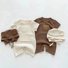 Load image into Gallery viewer, New In Summer Kids Baby Girls Boys Short Sleeve Waffle Patch Bear Infant Newborn Jumpsuits Cotton Romper Gift Hat with Ear
