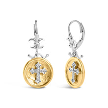 Load image into Gallery viewer, 18K Yellow Gold Plated .925 Sterling Silver 1/8 Cttw Diamond Hammered Finished Medallion with Cross Drop and Dangle Earrings (I-J Color, SI1-SI2 Clarity)
