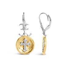 Load image into Gallery viewer, 18K Yellow Gold Plated .925 Sterling Silver 1/8 Cttw Diamond Hammered Finished Medallion with Cross Drop and Dangle Earrings (I-J Color, SI1-SI2 Clarity)
