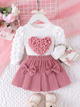 Load image into Gallery viewer, 2PCS Winter Outfit for Girls – Cute Bubble Sleeve Top &amp; Pink Skirt Set
