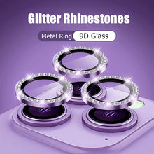 将图片加载到图库查看器，Glitter Diamond Rhinestones Metal Ring Camera Tempered Glass For iPhone 11 12 13 14 Pro Max Mini Plus Lens Protector Full Cover 9H Tempered Glass Camera Lens Protector Metal Single Ring Full Coverage Camera Lens Protector
