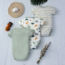 Load image into Gallery viewer, 3PCS Baby Bodysuit Set for Boys | Summer Short Sleeve Cotton Romper with Cartoon Dinosaur &amp; Stripe Designs
