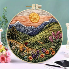 Load image into Gallery viewer, Beginners Hand Embroidery Kit - Mountain &amp; Moon Landscape with Fabric &amp; Threads
