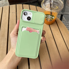 将图片加载到图库查看器，Lightweight Slide Camera Protection Card Holder Wallet Phone Case For iPhone 13 14 Pro Max 12 11 Soft Silicone Cover Soft Skin Silicone Cover Yellow Card Holder Sliding Camera Protection Cover For iPhone
