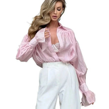 Load image into Gallery viewer, Women’s Autumn Office Shirt – Loose Fit Chiffon Blouse with Flare Sleeves &amp; Turn-Down Collar, Solid Color Long Sleeve Top
