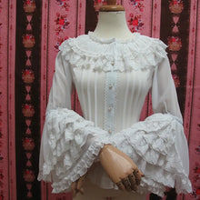 将图片加载到图库查看器，Retro Style Long Flare Sleeve Lolita Lace Blouse Women's Plus Size Chiffon White Shirt with Layered Lace Ruffles
