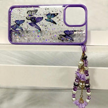 Load image into Gallery viewer, Butterfly Phone Case for iPhone 14 Pro Max 13 12 11 XS XR X 7 8 plus Glitter Clear Covers Bracelet With Lady Pendant Non Moving Dry Fixed Glitter Luxury Shiny Butterfly Wrist Bracelet Chain Soft Silicone Case For Smartphone

