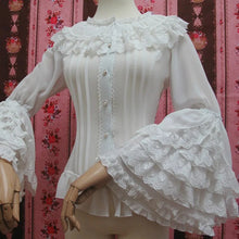 将图片加载到图库查看器，Retro Style Long Flare Sleeve Lolita Lace Blouse Women's Plus Size Chiffon White Shirt with Layered Lace Ruffles
