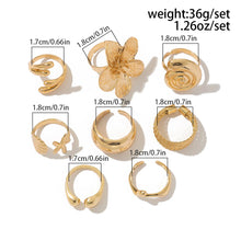 将图片加载到图库查看器，Ingemark 8Pcs/Set Vintage Metal Petal Flower Water Drop Open Rings for Women Trend 2025 Goth Geometric Ring Daily Jewelry Gift
