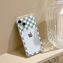 Load image into Gallery viewer, Glamorous Phone Case Shiny Transparent Card Holder Slim Soft Silicone Shockproof Case For iPhone 14 13 11 12 Pro Max 7 8 Plus Cute Green Checkerboard Clear Cover For iPhone X XR XS Shockproof Card Holder Phone Case
