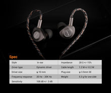 Load image into Gallery viewer, KEFINE Delci 10mm DLC+PU Diaphragm Dynamic Driver Hifi Wired IEM Earphones with CNC Metal &amp; Detachable 0.78mm 2pin 3.5mm Cable
