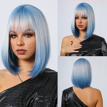 将图片加载到图库查看器，Short Straight Synthetic Wigs for Women Blonde to Brown Ombre Bob Wigs with Bangs Daily Cosplay Party Heat Resistant Fake Hair
