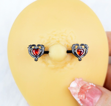 Load image into Gallery viewer, 14G 9/16 Red CZ Gem Black Passion Heart Barbell Nipple Ring Set
