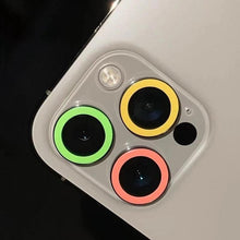 Load image into Gallery viewer, Colorful Design Round Ring Metal Alloy HD Glass For iPhone 13 12 11 Pro Max Camera Lens Protectors Luminous Camera Ring Glass for iPhone11 Pro max 13mini 13pro Protective Film
