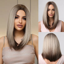 将图片加载到图库查看器，Short Straight Synthetic Wigs for Women Blonde to Brown Ombre Bob Wigs with Bangs Daily Cosplay Party Heat Resistant Fake Hair
