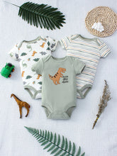 Load image into Gallery viewer, 3PCS Baby Bodysuit Set for Boys | Summer Short Sleeve Cotton Romper with Cartoon Dinosaur &amp; Stripe Designs
