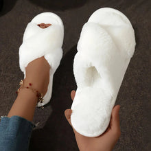 将图片加载到图库查看器，Cross Warm Fluffy Furry Slippers Women Lightweight Flat Heels Fur Slides Woman Autumn Winter Open Toe Non Slip Home Floor Shoes

