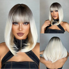 将图片加载到图库查看器，Short Straight Synthetic Wigs for Women Blonde to Brown Ombre Bob Wigs with Bangs Daily Cosplay Party Heat Resistant Fake Hair
