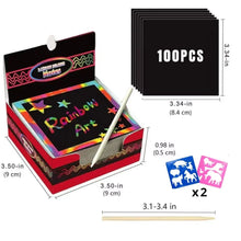 Load image into Gallery viewer, 100PCS Rainbow Scratch Art Kit - Non-Toxic Craft Set with Wooden Stylus for Kids Ages 5-12
