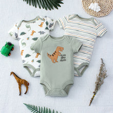 Load image into Gallery viewer, 3PCS Baby Bodysuit Set for Boys | Summer Short Sleeve Cotton Romper with Cartoon Dinosaur &amp; Stripe Designs
