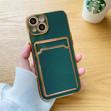 Load image into Gallery viewer, Luxury Plating Silicone Card Slot Holder Case For iPhone 14 12 13 Pro Max Elegant Women Soft Wallet Shockproof Cover Soft Bumper Beautiful Shiny Color Smartphone Case For Women
