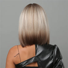 将图片加载到图库查看器，Short Straight Synthetic Wigs for Women Blonde to Brown Ombre Bob Wigs with Bangs Daily Cosplay Party Heat Resistant Fake Hair
