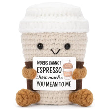 将图片加载到图库查看器，Funny Crochet Emotional Support Coffee Doll With Card Desktop Ornament Handmade Knitted Coffee Dolls Christmas Gifts Home Decor
