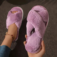 将图片加载到图库查看器，Cross Warm Fluffy Furry Slippers Women Lightweight Flat Heels Fur Slides Woman Autumn Winter Open Toe Non Slip Home Floor Shoes
