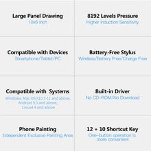 Load image into Gallery viewer, 10x6 Inch Professional Graphics Drawing Tablet 12 Express Keys with for Windows Mac for Painting Designing Online Course
