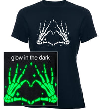 Load image into Gallery viewer, Glow in the Dark Dead Inside Heart Skeleton Hands Black Tee Shirt
