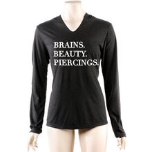 Load image into Gallery viewer, Brains Beauty &amp; Piercings Tapered Long Sleeve Hoodie
