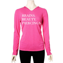 Load image into Gallery viewer, Brains Beauty &amp; Piercings Tapered Long Sleeve Hoodie

