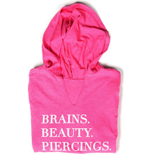 Load image into Gallery viewer, Brains Beauty &amp; Piercings Tapered Long Sleeve Hoodie
